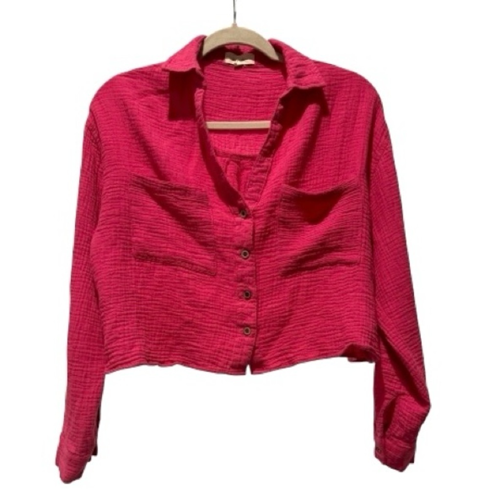 Love Notes Hot Pink Gauze Button Front Crop Top Size M